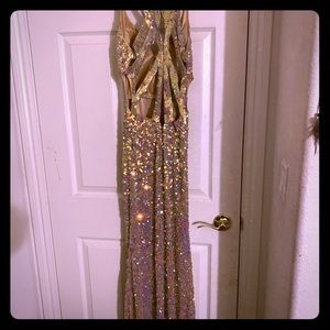 Gold beaded Sequins Evening Gown/ with high slit
